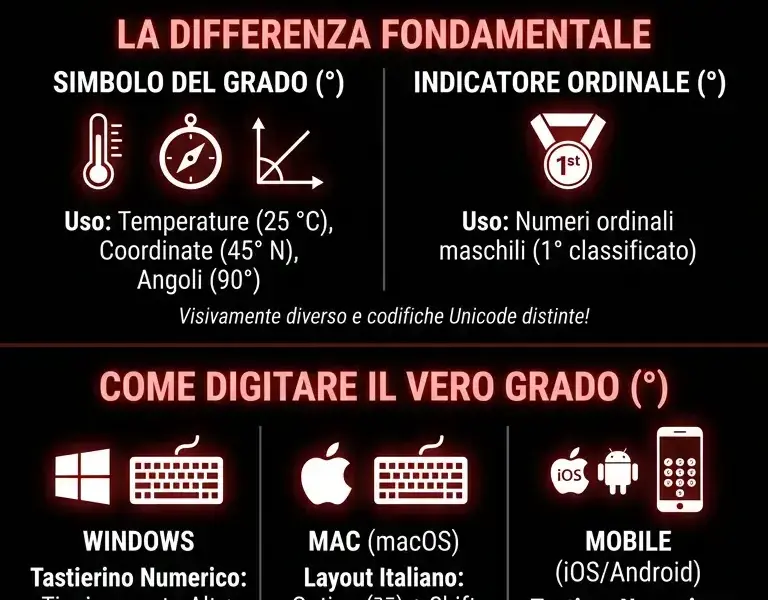 Infografica: Come digitare il simbolo del grado (&deg;) sulla tastiera: guida completa