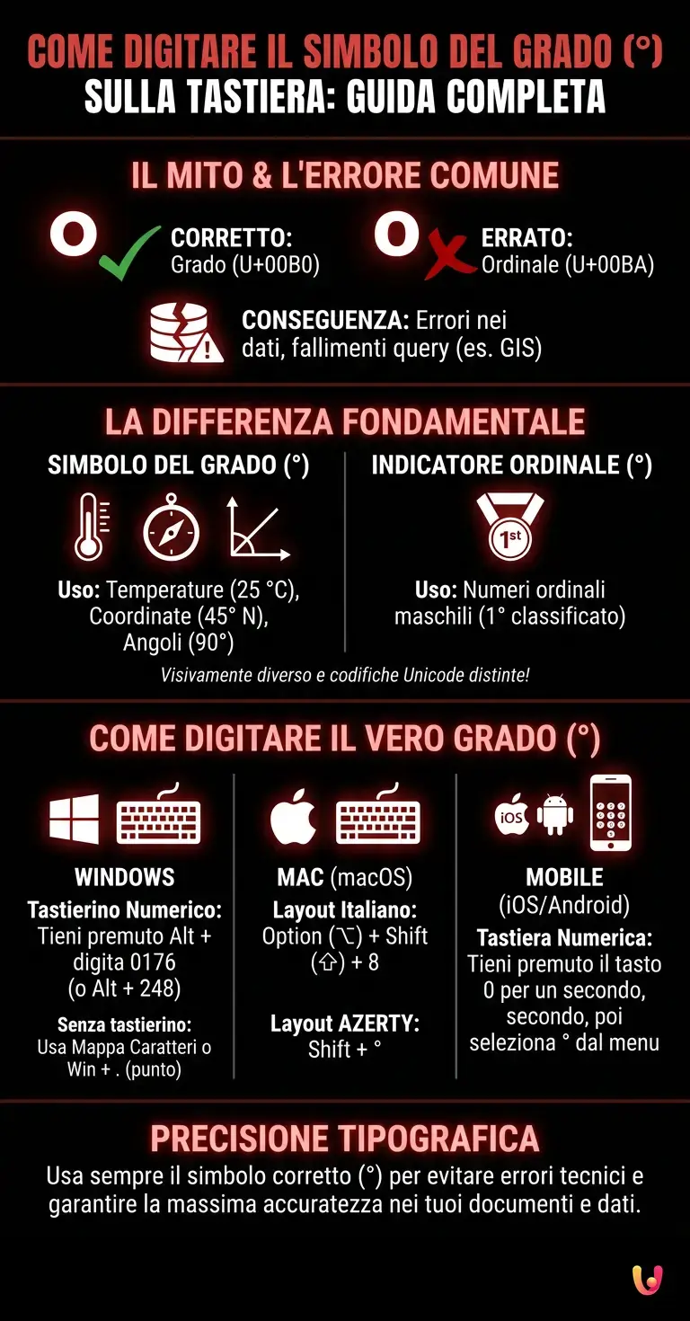 Come digitare il simbolo del grado (&deg;) sulla tastiera: guida completa - Infografica riassuntiva