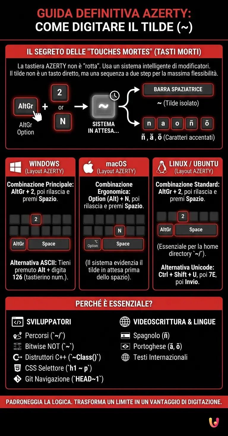 Come digitare il tilde (~) sulla tastiera francese: Guida Definitiva AZERTY - Infografica riassuntiva