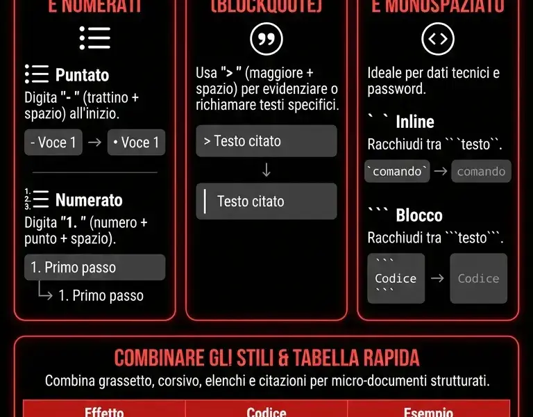 Infografica: Come formattare il testo su WhatsApp: Elenchi, citazioni e blocchi di codice