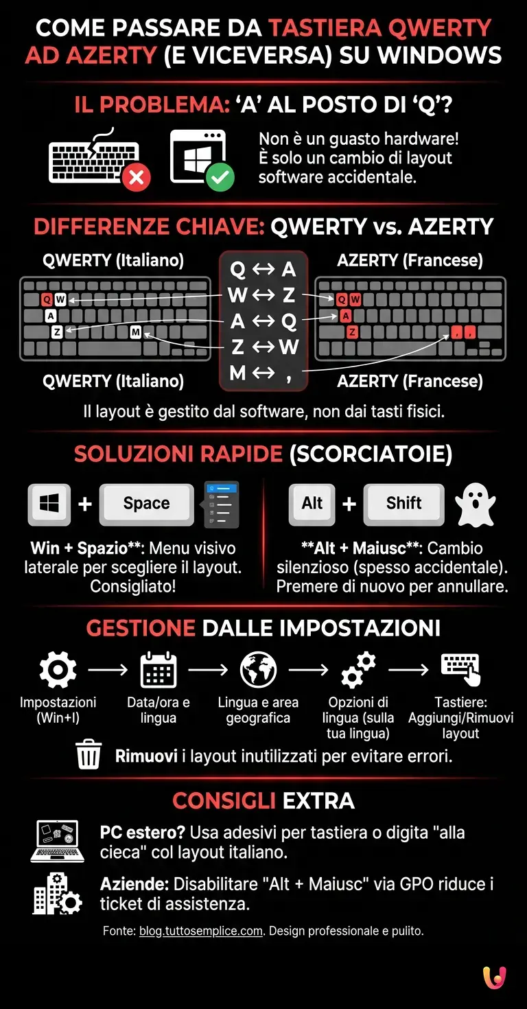 Come passare da tastiera QWERTY ad AZERTY (e viceversa) su Windows - Infografica riassuntiva