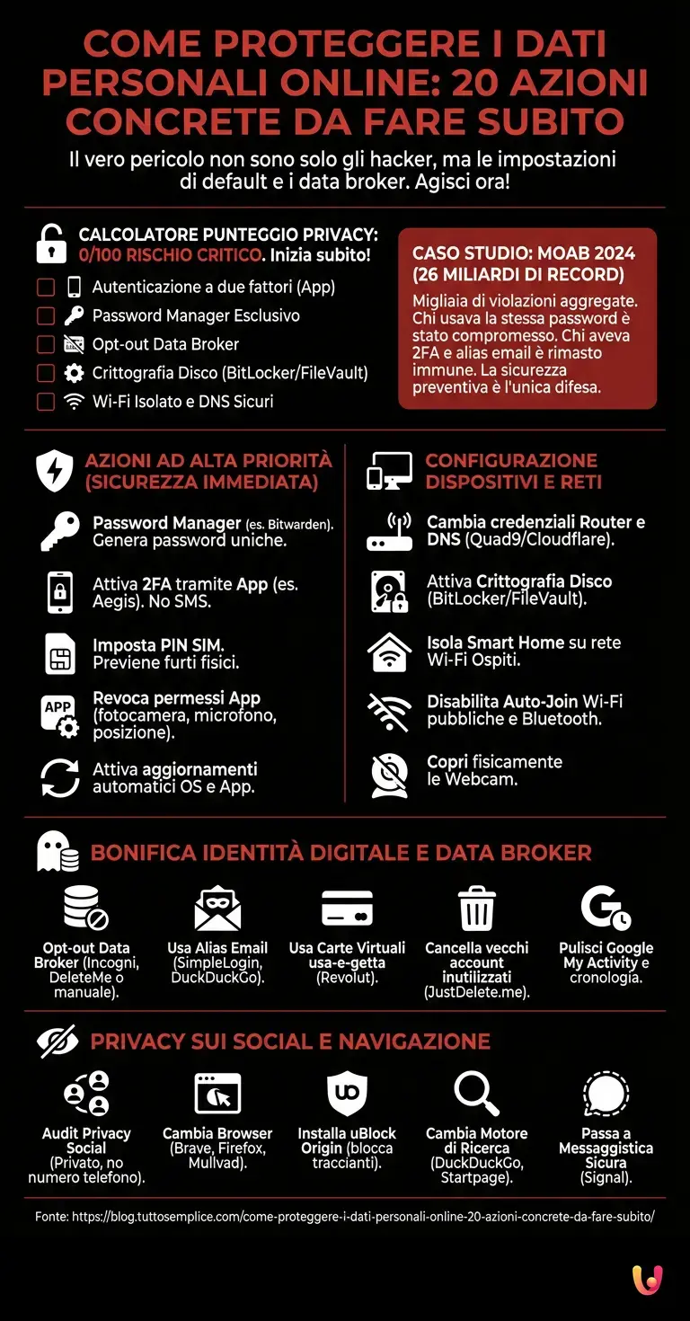 Come Proteggere i Dati Personali Online: 20 Azioni Concrete da Fare Subito - Infografica riassuntiva