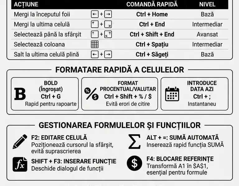 Infografica: Comenzi rapide de la tastatură &icirc;n Excel: cele mai utile 50 pentru a lucra rapid