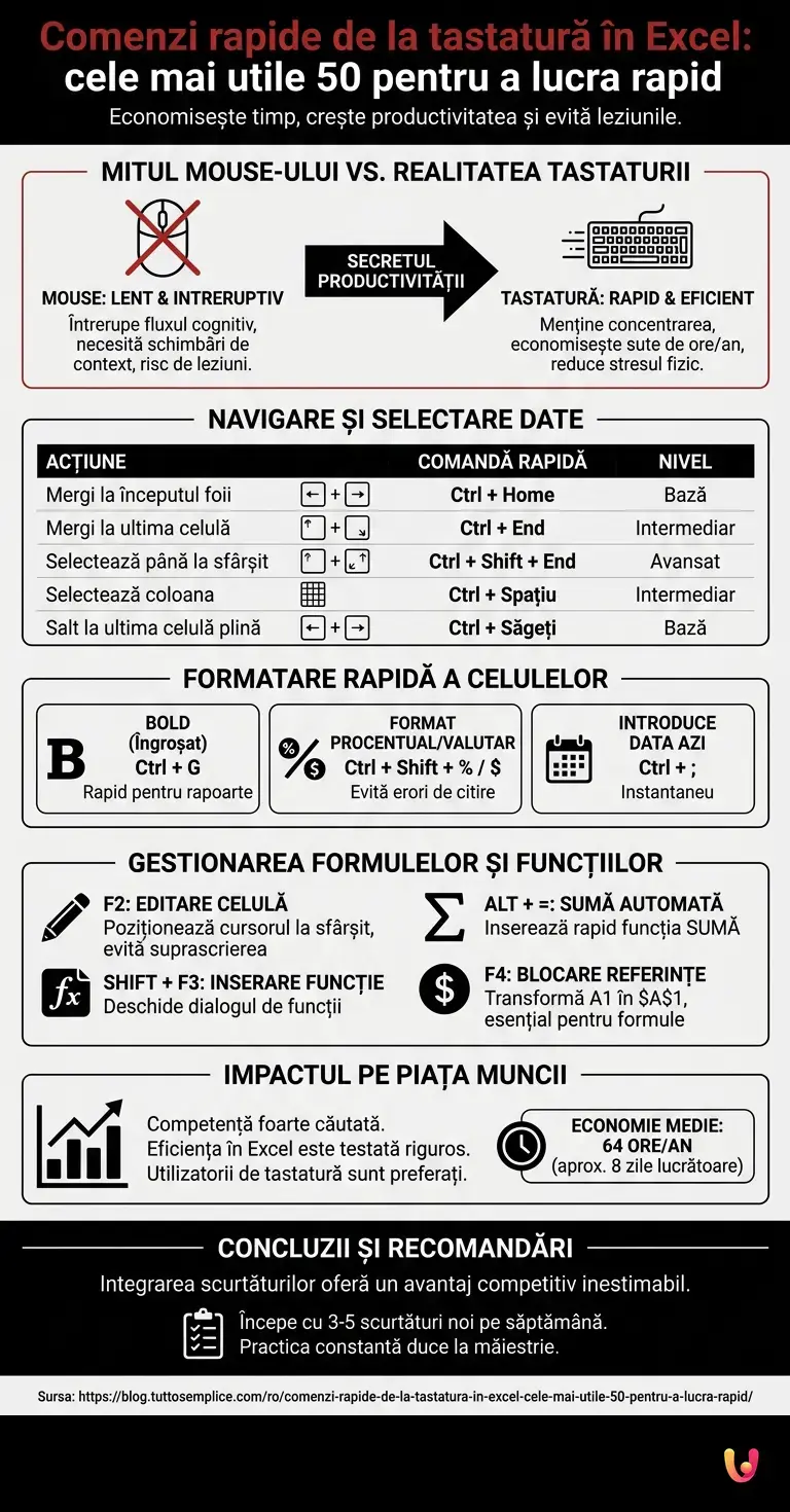Comenzi rapide de la tastatură &icirc;n Excel: cele mai utile 50 pentru a lucra rapid - Infografic rezumativ