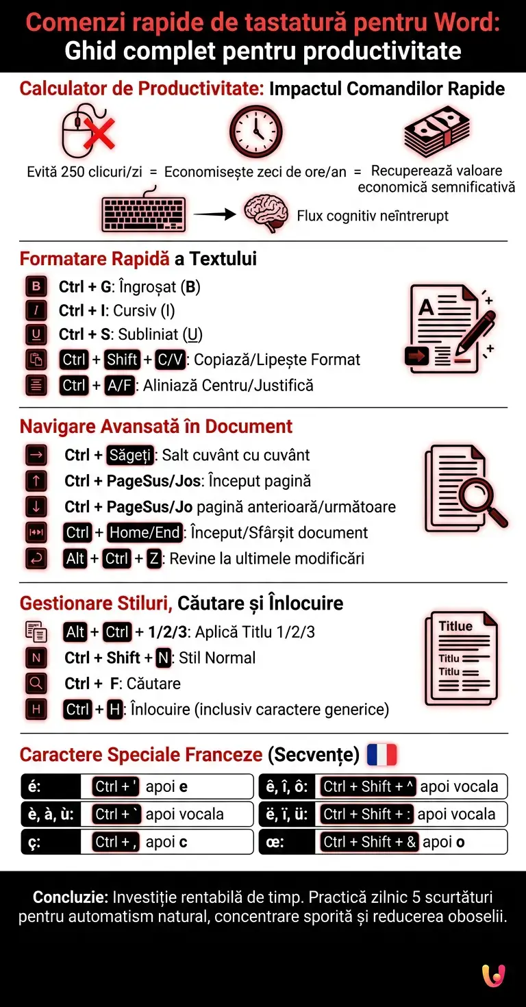 Comenzi rapide de tastatură pentru Word: ghid complet pentru a fi mai productiv - Infografic rezumativ