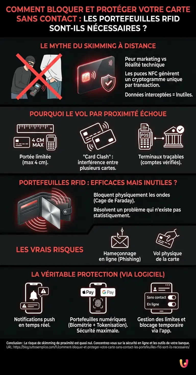 Comment bloquer et prot&eacute;ger votre carte sans contact : les portefeuilles RFID sont-ils n&eacute;cessaires ? - Infographie r&eacute;sumant