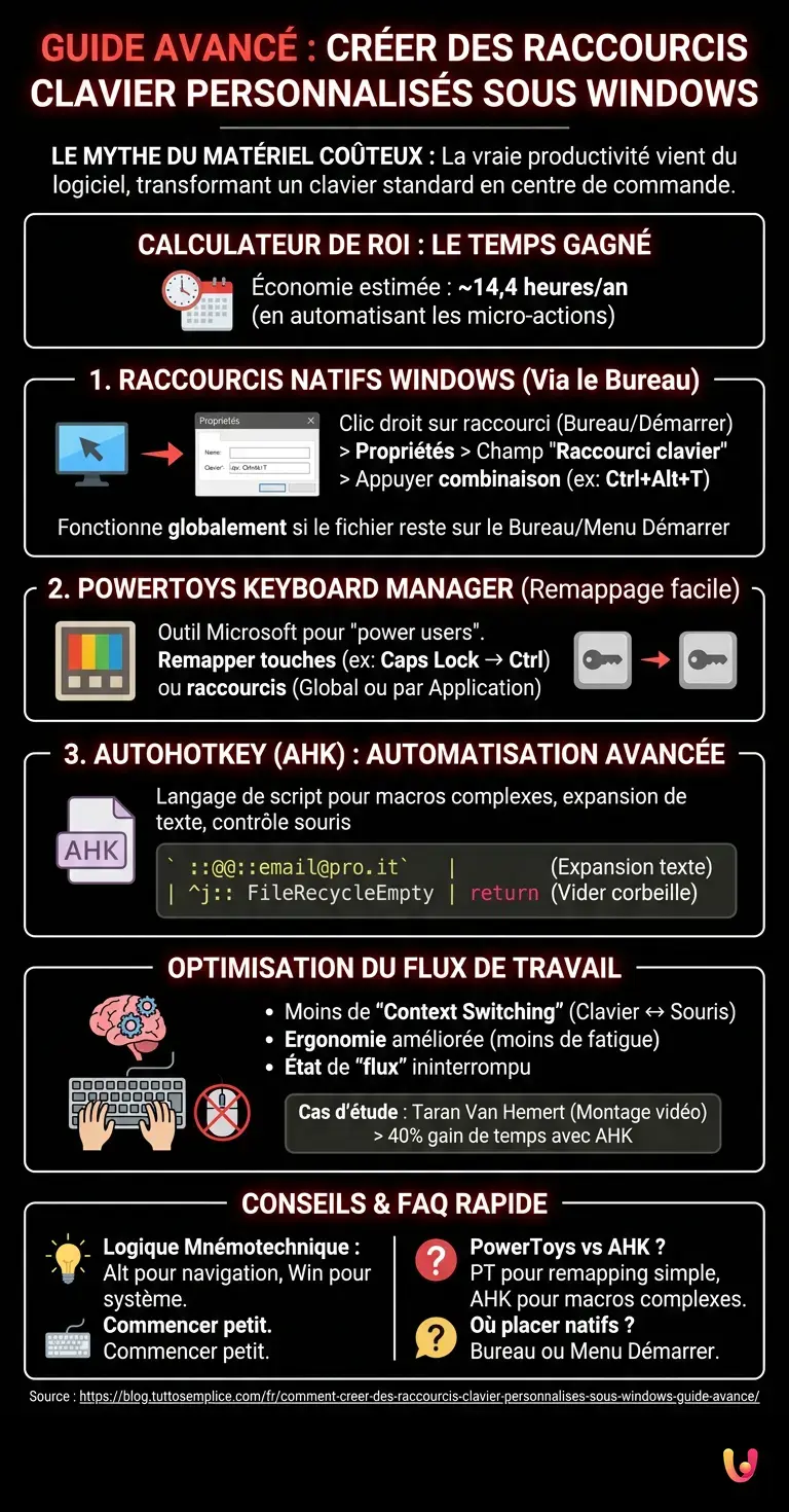 Comment cr&eacute;er des raccourcis clavier personnalis&eacute;s sous Windows&nbsp;: Guide avanc&eacute; - Infographie r&eacute;sumant
