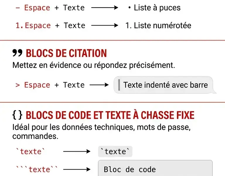 Infografica: Comment formater du texte sur WhatsApp&nbsp;: listes, citations et blocs de code