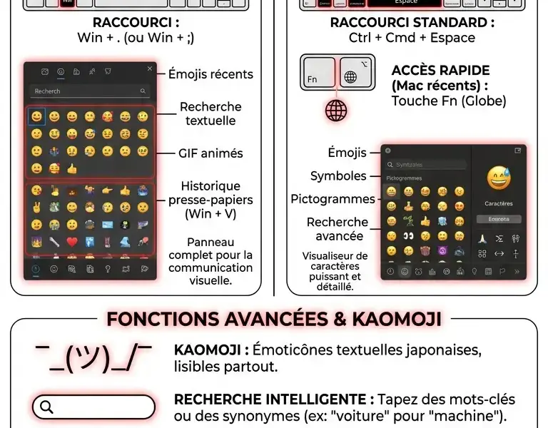 Infografica: Comment taper des &eacute;mojis depuis le clavier sous Windows et Mac