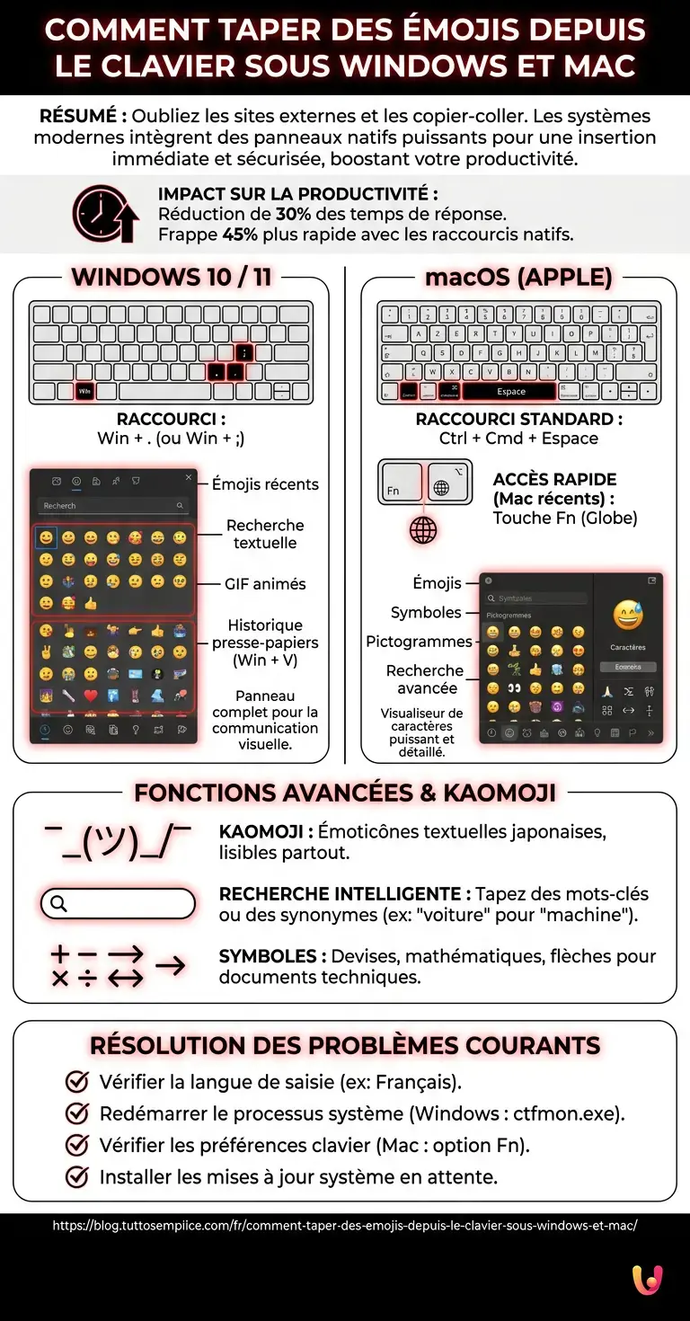 Comment taper des &eacute;mojis depuis le clavier sous Windows et Mac - Infographie r&eacute;sumant