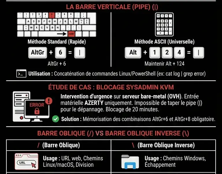 Infografica: Comment taper la barre oblique inverse () et la barre verticale (|) sur un clavier fran&ccedil;ais