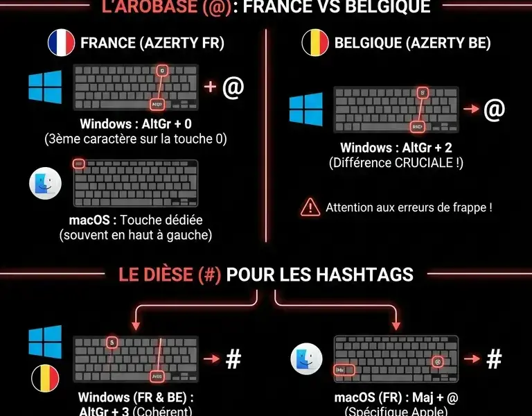Infografica: Comment taper le di&egrave;se (#) et l'arobase (@) : guide pour clavier AZERTY