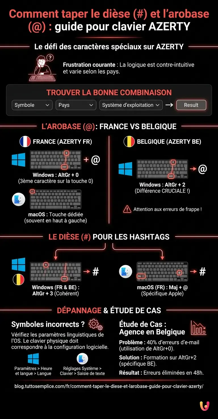 Comment taper le dièse (#) et l'arobase (@) : guide pour clavier AZERTY - Infographie résumant
