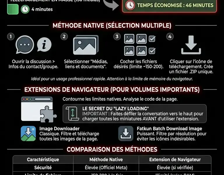 Infografica: Comment t&eacute;l&eacute;charger massivement des photos et des vid&eacute;os depuis WhatsApp Web : Guide du t&eacute;l&eacute;chargement en masse
