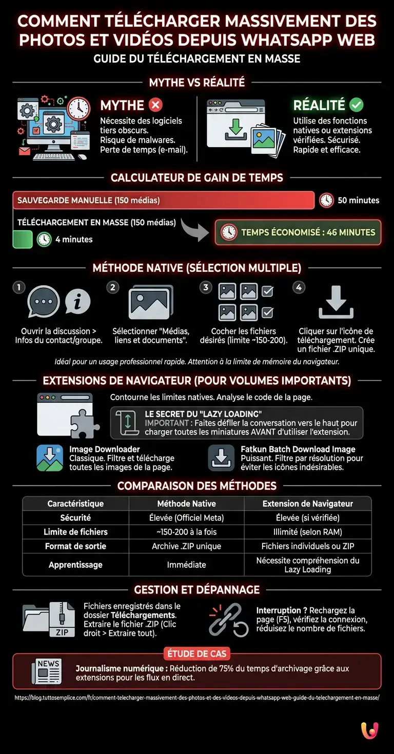 Comment t&eacute;l&eacute;charger massivement des photos et des vid&eacute;os depuis WhatsApp Web : Guide du t&eacute;l&eacute;chargement en masse - Infographie r&eacute;sumant