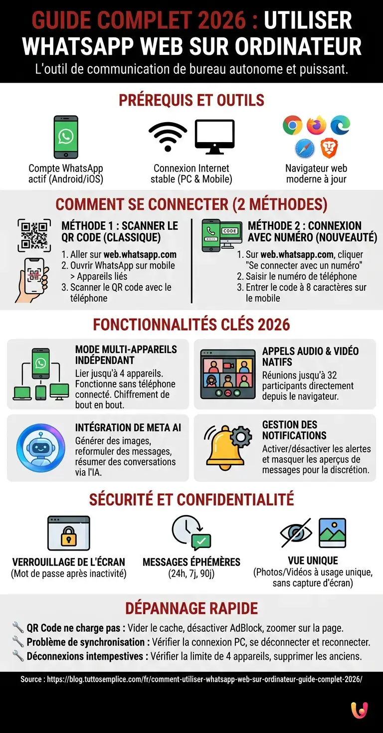 Comment utiliser WhatsApp Web sur ordinateur : guide complet 2026 - Infographie r&eacute;sumant