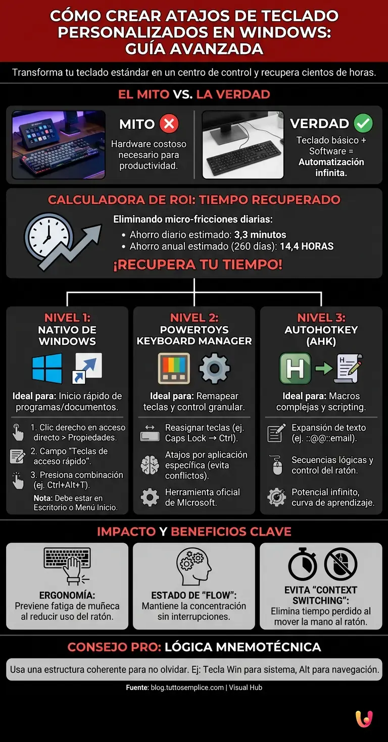 C&oacute;mo crear atajos de teclado personalizados en Windows: Gu&iacute;a avanzada - Infograf&iacute;a resumen