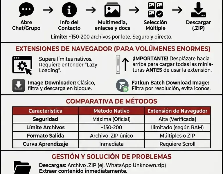 Infografica: C&oacute;mo descargar fotos y v&iacute;deos de forma masiva desde WhatsApp Web: Gu&iacute;a de descarga masiva