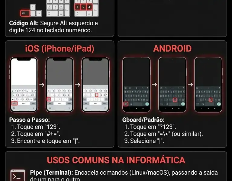 Infografica: Como digitar a barra vertical (|) em qualquer dispositivo