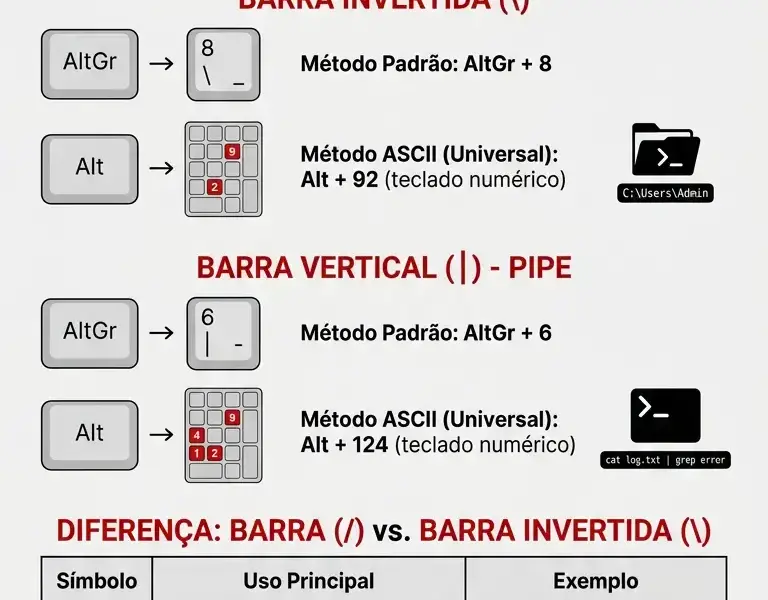Infografica: Como digitar barra invertida () e barra vertical (|) no teclado franc&ecirc;s