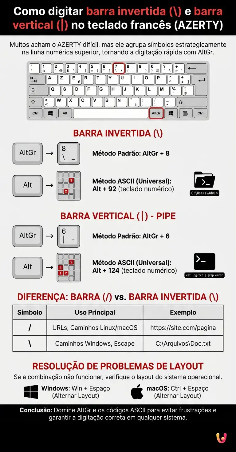 Como digitar barra invertida () e barra vertical (|) no teclado franc&ecirc;s - Infogr&aacute;fico resumido