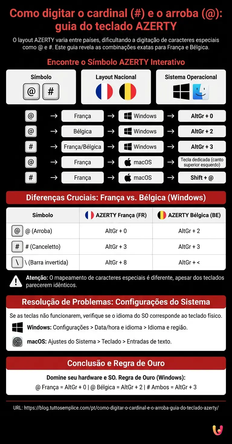 Como digitar o cardinal (#) e o arroba (@): guia do teclado AZERTY - Infogr&aacute;fico resumido