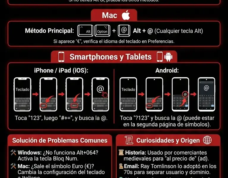 Infografica: C&oacute;mo escribir el s&iacute;mbolo de arroba (@) en PC, Mac y smartphones