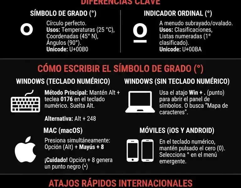 Infografica: C&oacute;mo escribir el s&iacute;mbolo de grado (&deg;) en el teclado: gu&iacute;a completa