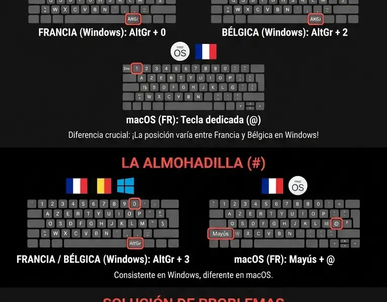 Infografica: C&oacute;mo escribir la almohadilla (#) y la arroba (@): gu&iacute;a para teclados AZERTY
