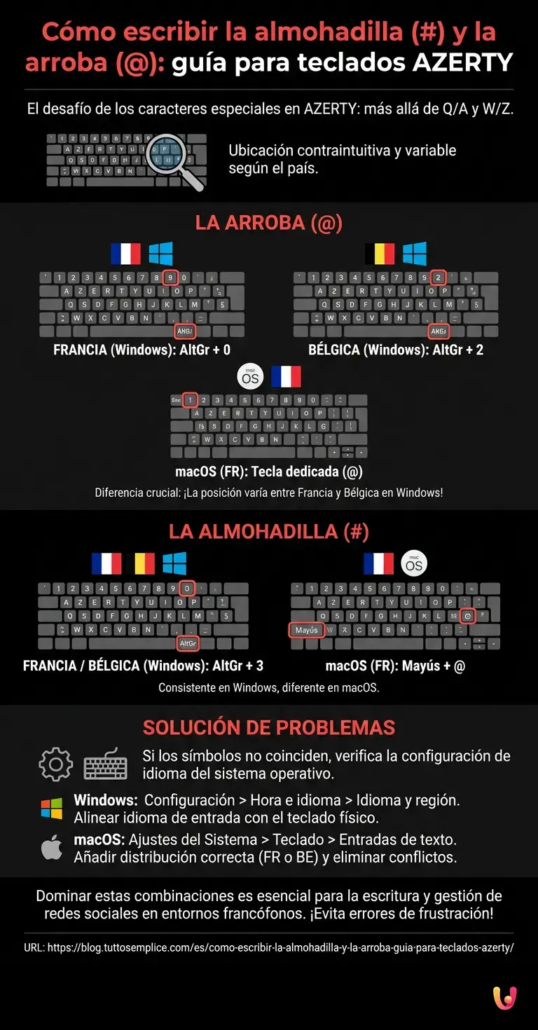 C&oacute;mo escribir la almohadilla (#) y la arroba (@): gu&iacute;a para teclados AZERTY - Infograf&iacute;a resumen