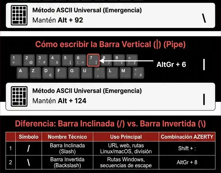 Infografica: C&oacute;mo escribir la barra invertida () y la barra vertical (|) en un teclado franc&eacute;s.