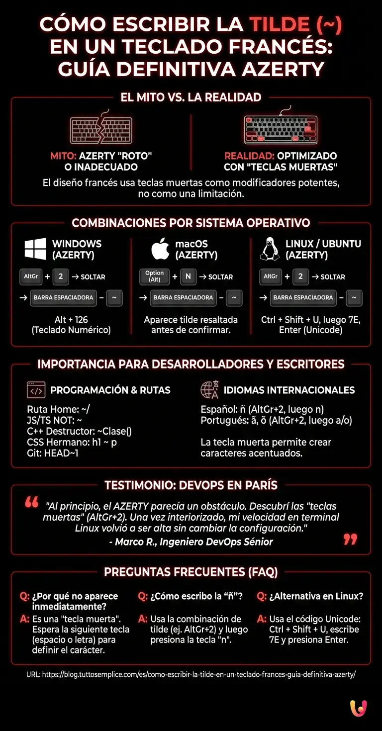 Cómo escribir la tilde (~) en un teclado francés: Guía definitiva AZERTY - Infografía resumen