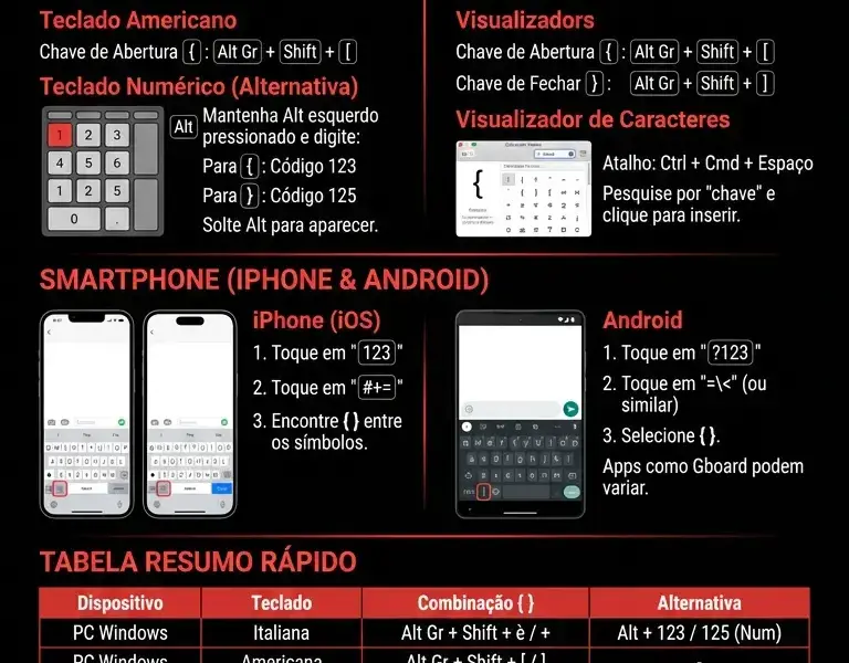 Infografica: Como fazer a chave de abertura e fechamento ({ }): Guia para PC, Mac e Smartphone