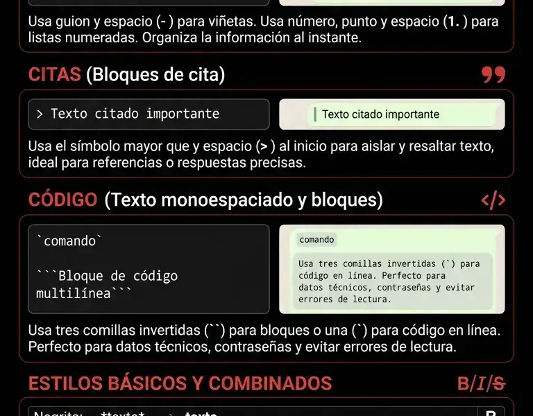 Infografica: C&oacute;mo formatear texto en WhatsApp: listas, citas y bloques de c&oacute;digo
