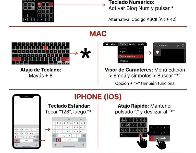 Infografica: C&oacute;mo hacer el asterisco en el teclado: PC, Mac y smartphones