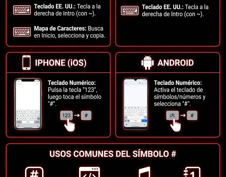 Infografica: C&oacute;mo hacer el s&iacute;mbolo de almohadilla: PC, Mac, iPhone y Android