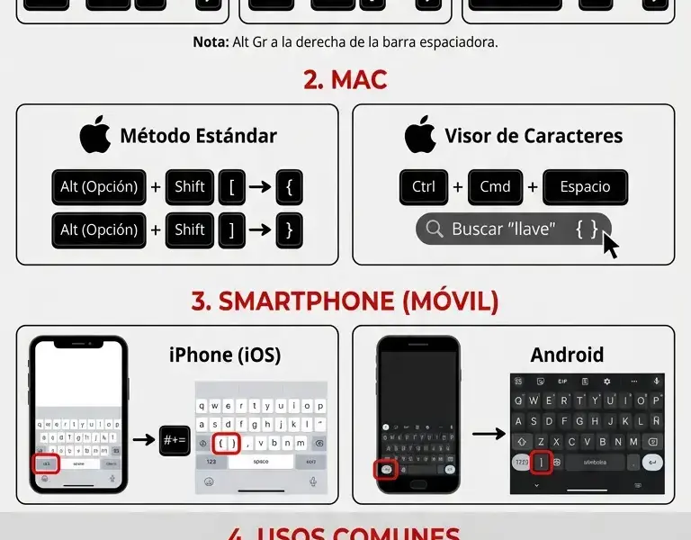 Infografica: C&oacute;mo hacer las llaves ({ }): Gu&iacute;a para PC, Mac y Smartphone