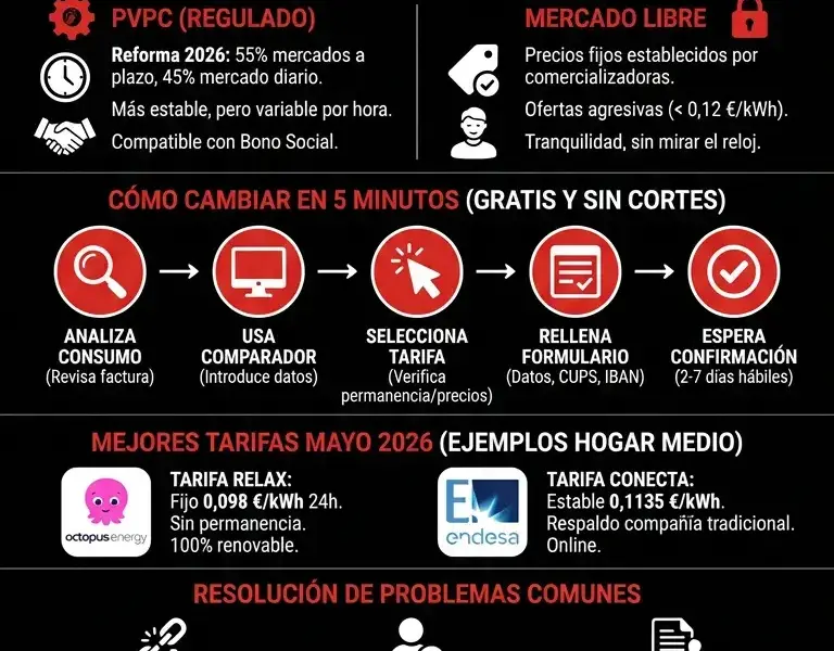 Infografica: Comparador de luz mayo 2026: c&oacute;mo encontrar la tarifa m&aacute;s barata ahora