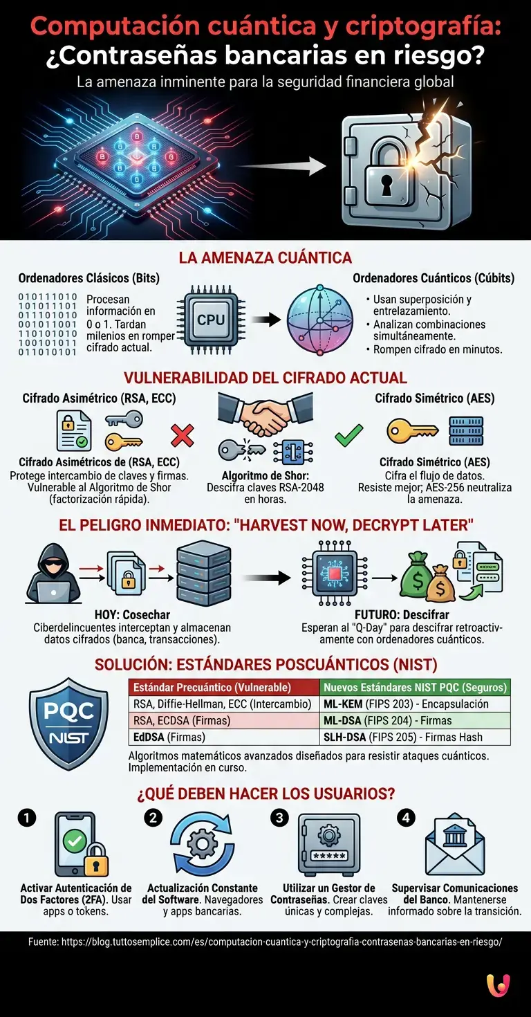 Computaci&oacute;n cu&aacute;ntica y criptograf&iacute;a: &iquest;Contrase&ntilde;as bancarias en riesgo? - Infograf&iacute;a resumen