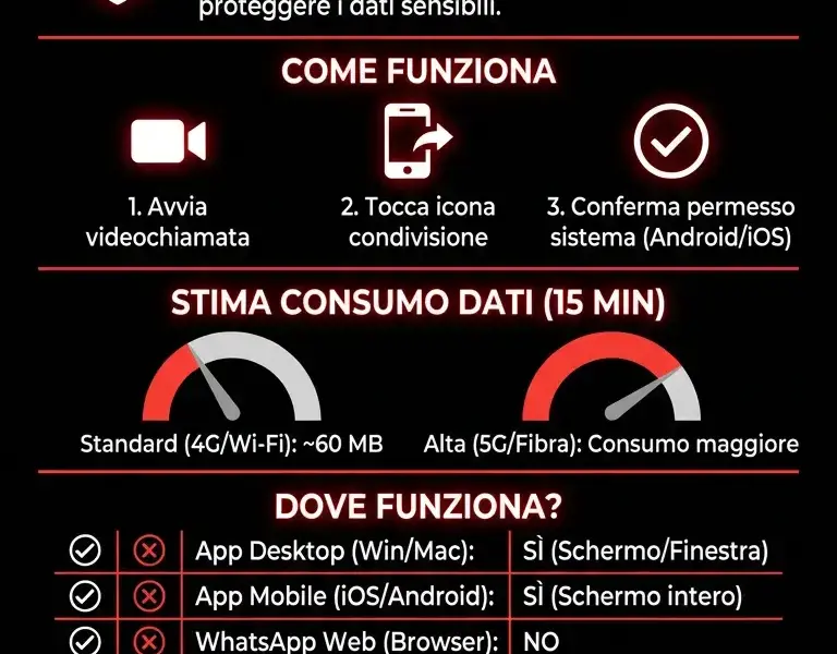 Infografica: Condivisione schermo in videochiamata: Come fare presentazioni su WhatsApp