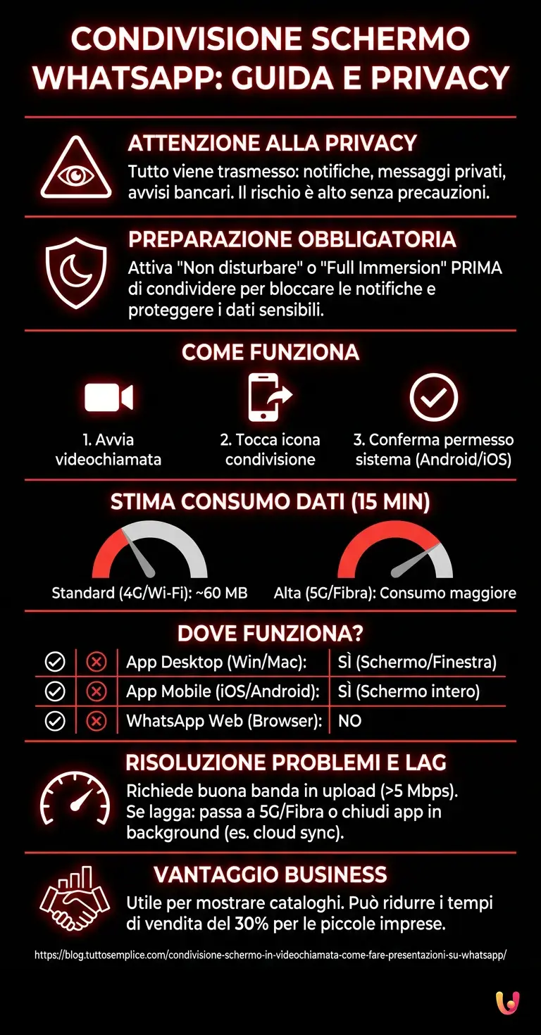 Condivisione schermo in videochiamata: Come fare presentazioni su WhatsApp - Infografica riassuntiva