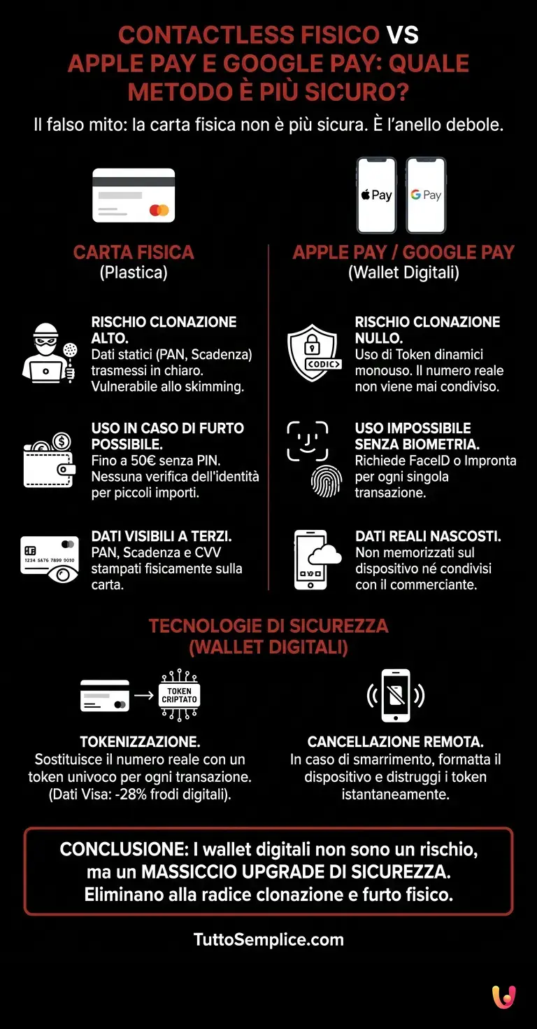 Contactless Fisico vs Apple Pay e Google Pay: Quale Metodo &egrave; Pi&ugrave; Sicuro? - Infografica riassuntiva