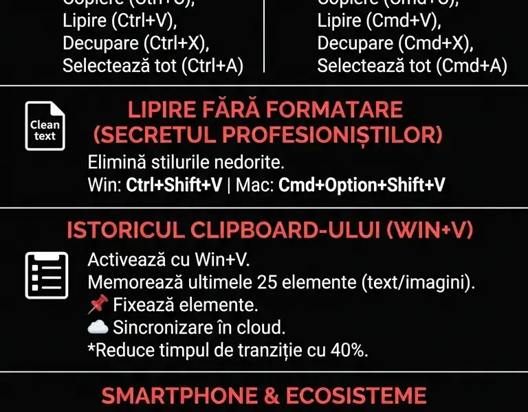 Infografica: Copiere și Lipire: Ghid Complet pentru PC, Mac și Smartphone