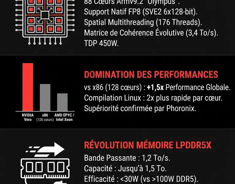 Infografica: CPU NVIDIA Vera : 88 c&oelig;urs et support FP8 pour l'IA agentique