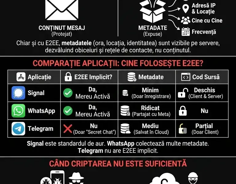 Infografica: Criptare end-to-end: Ce este, cum funcționează și ce aplicații o folosesc cu adevărat