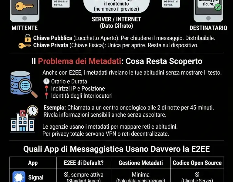 Infografica: Crittografia End-to-End: Cos'&egrave;, Come Funziona e Quali App la Usano Davvero