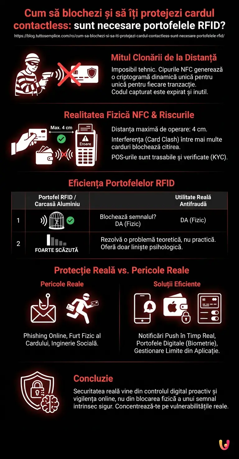 Cum să blochezi și să &icirc;ți protejezi cardul contactless: sunt necesare portofelele RFID? - Infografic rezumativ