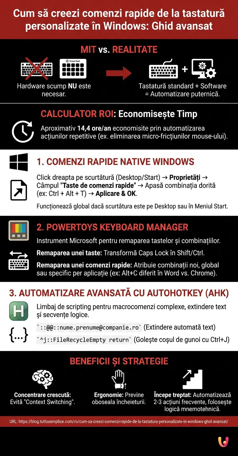 Cum să creezi comenzi rapide de la tastatură personalizate &icirc;n Windows: Ghid avansat - Infografic rezumativ
