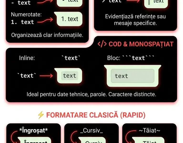 Infografica: Cum să formatezi textul pe WhatsApp: Liste, citate și blocuri de cod
