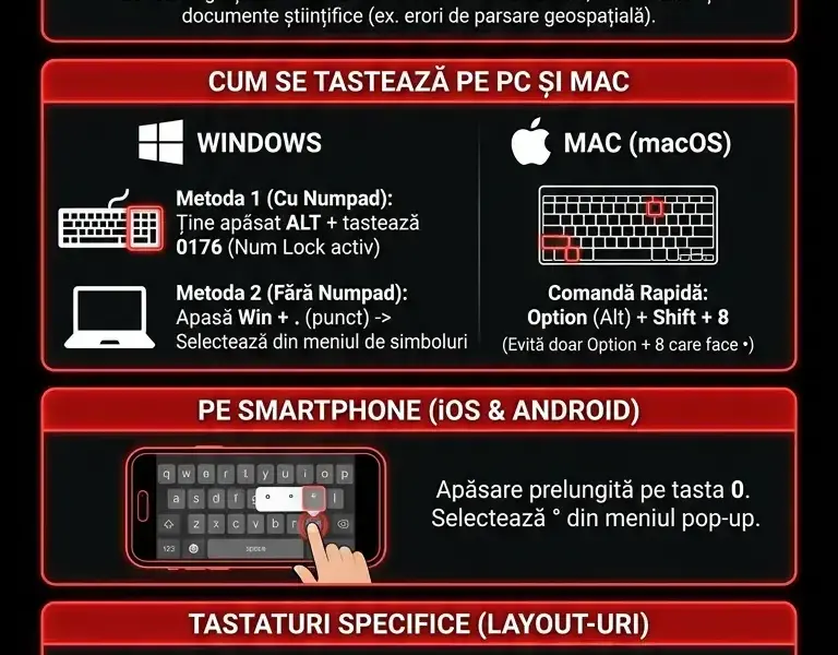 Infografica: Cum să tastezi simbolul gradului (&deg;) pe tastatură: ghid complet
